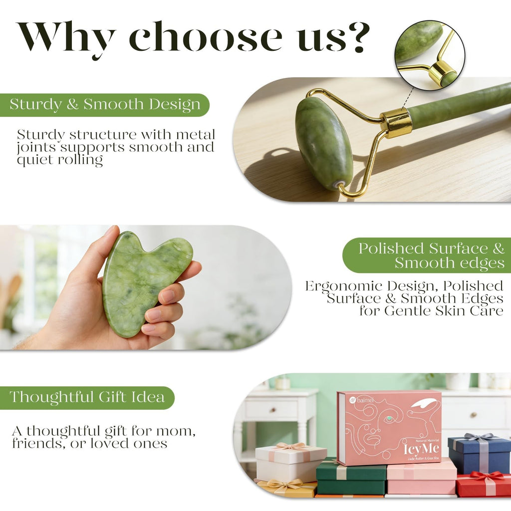 Facial Gua Sha and Jade Roller Set for Skin Tightening and Puffiness Reduction