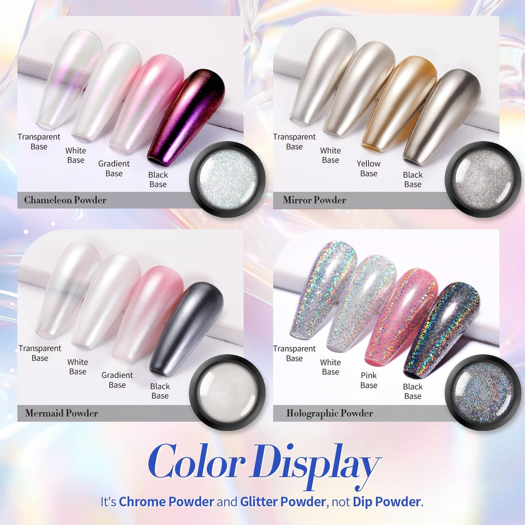 Chrome Nail Powder Set - White Pearl, Holographic & Mirror Effects
