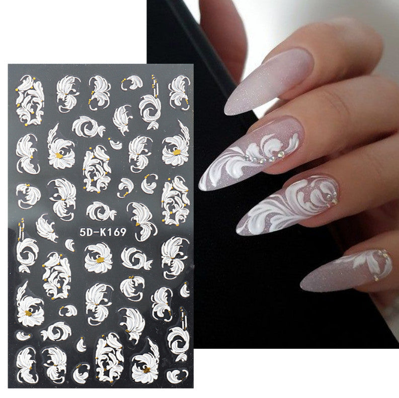 5D Embossed Nail Stickers White Rose Flower Decals for Nail Art and Decor