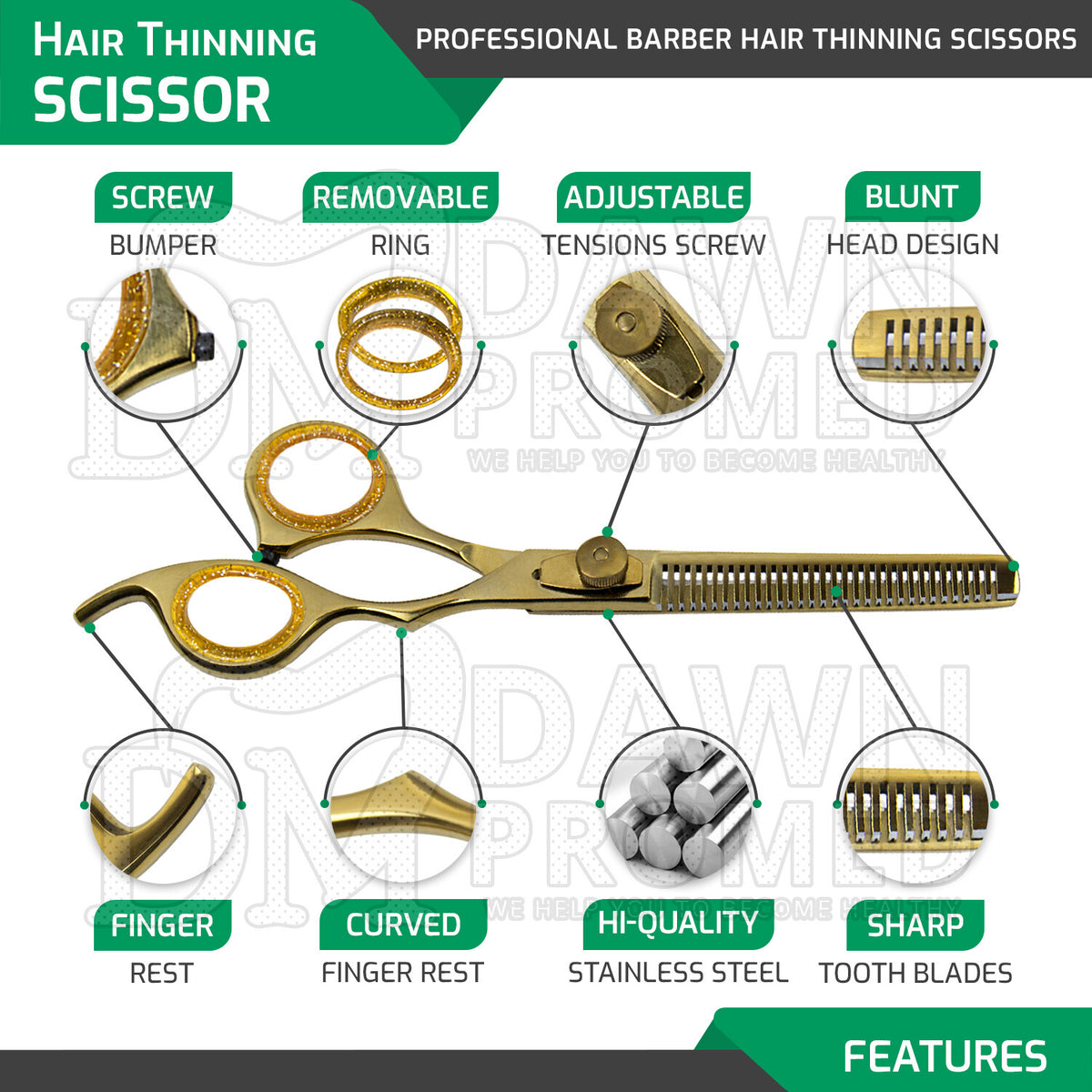 Professional 6.5 Inch Gold Hair Cutting Thinning Scissors Set for Barbers & Stylists