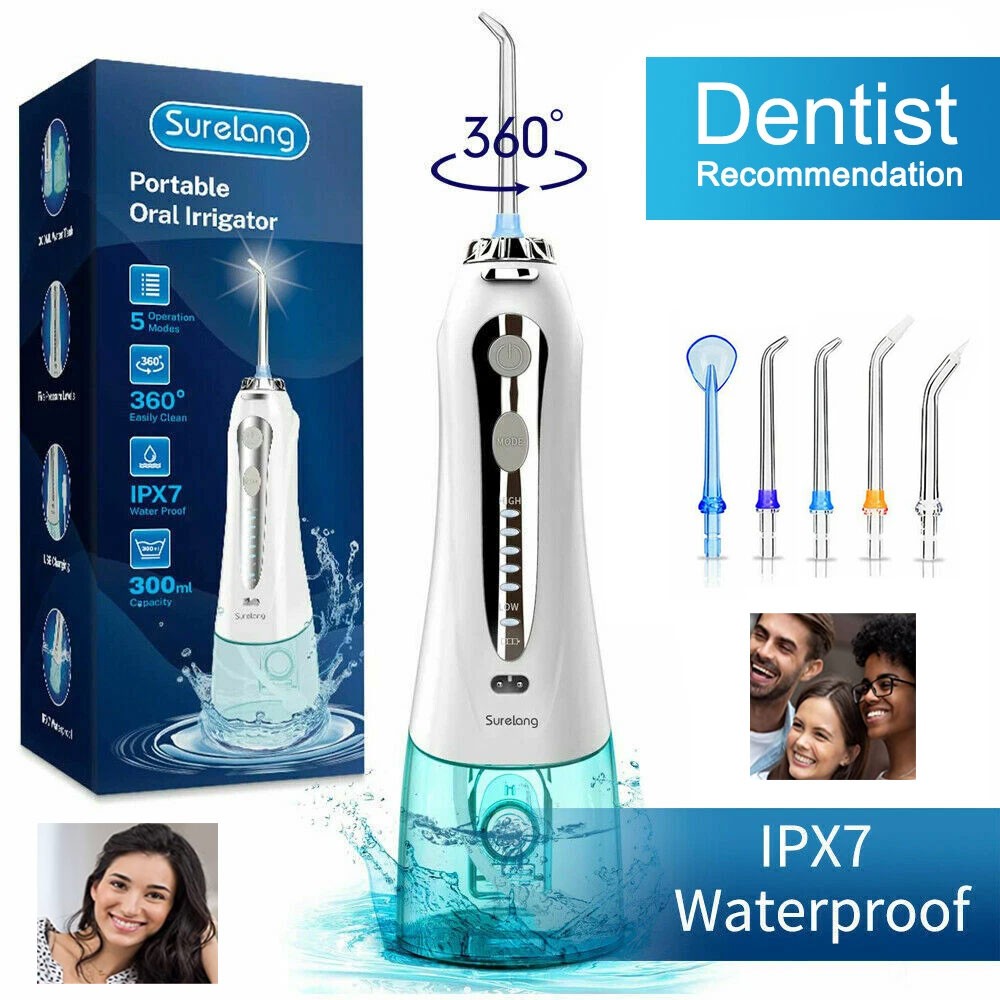 Cordless Water Flosser Dental Oral Irrigator - Rechargeable, 6 Tips, IPX7 Waterproof