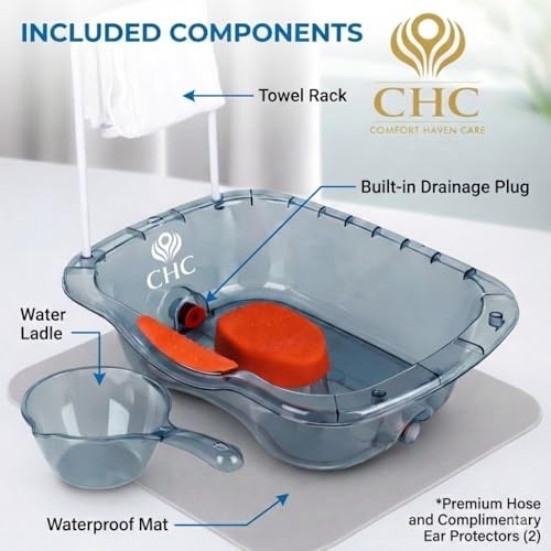 Portable Hair Washing Basin with Waterproof Mat & Towel Hanger for Bedside Care