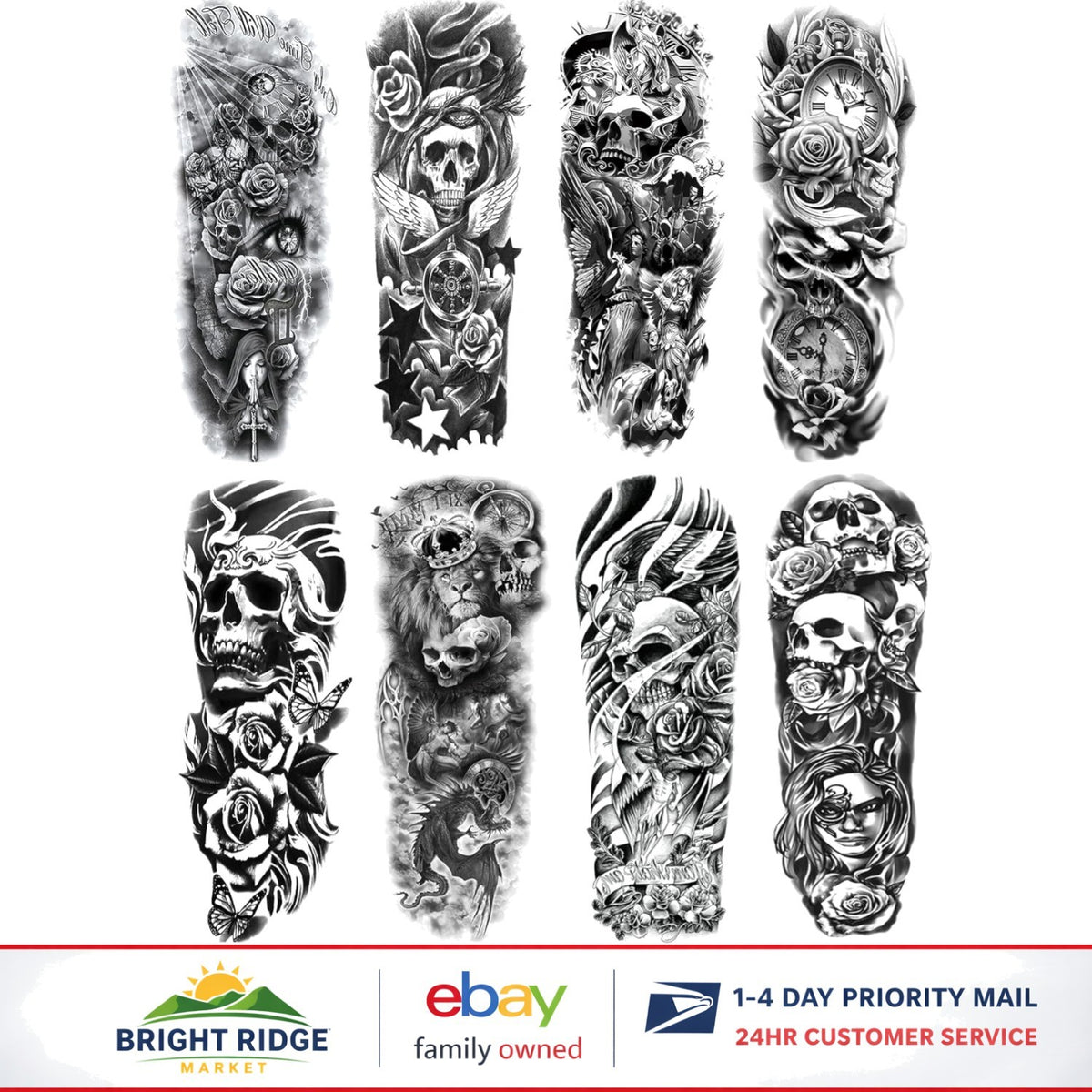 Black Skull Temporary Tattoo Sleeve Set – 8 Sheets Waterproof for Adults