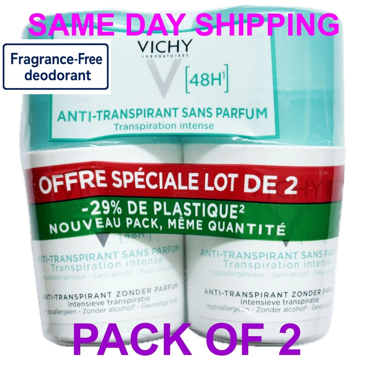48H Anti-Perspirant Deodorant Roll-On Pack of 2 - Fragrance-Free, 50ml