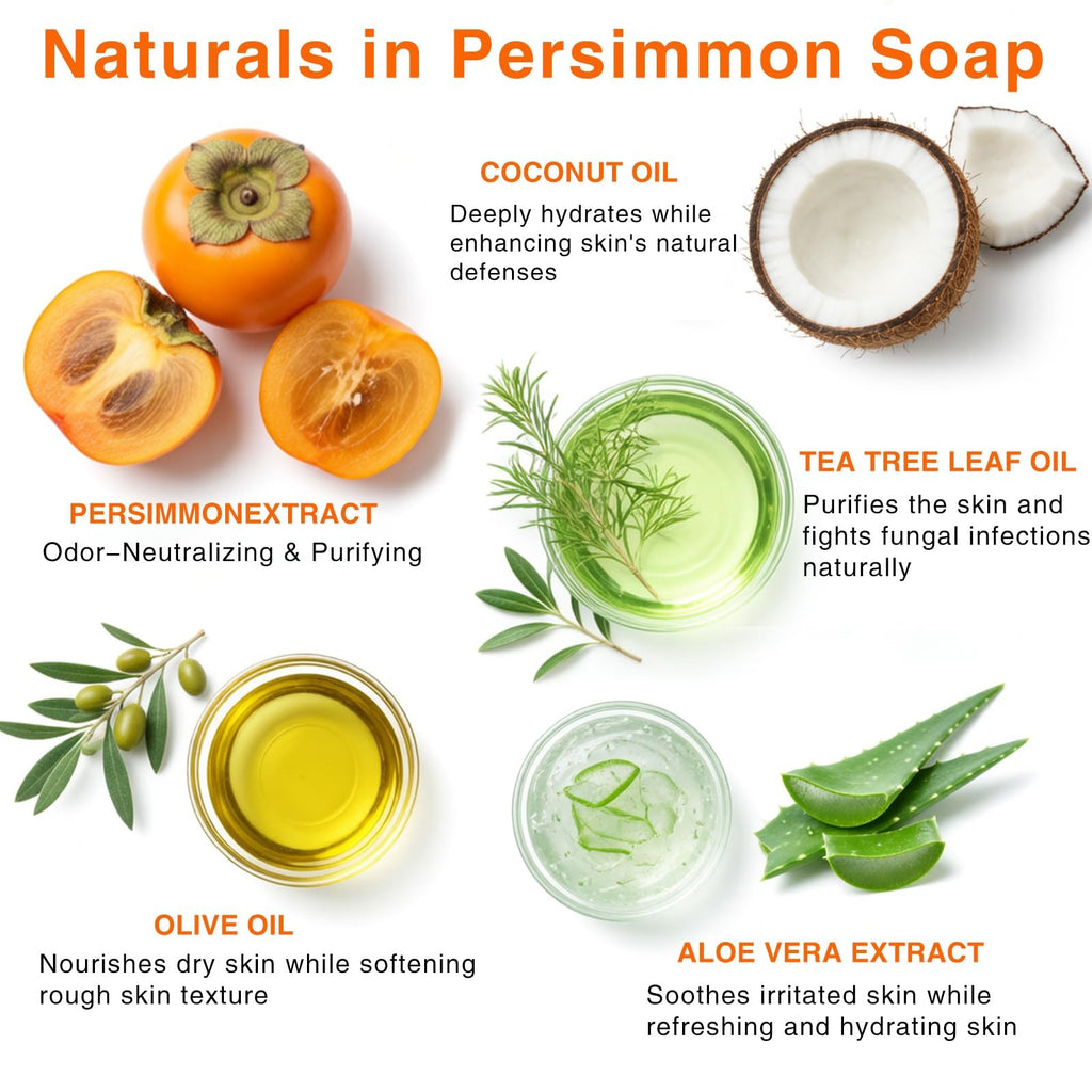 Persimmon Deodorizing Soap Bar – 4 Pack for All Skin Types, Multifunction Face, Body & Hands
