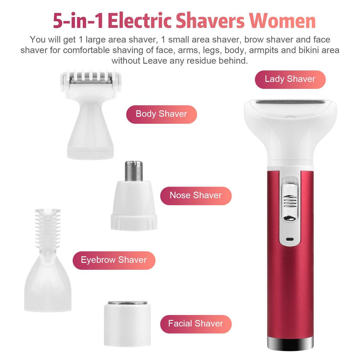 5-in-1 Women Electric Shaver Kit - Wet & Dry Body Razor for Bikini Legs Face
