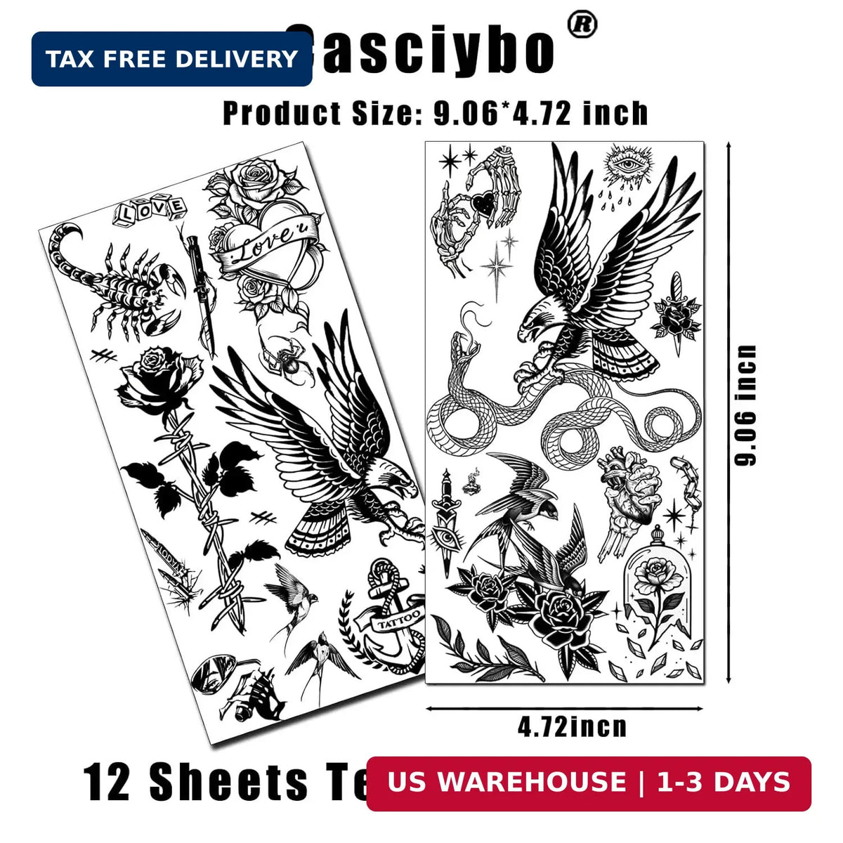 Traditional Black Old School Temporary Tattoos for Adults - 300+ PCS, Waterproof Half Arm Designs