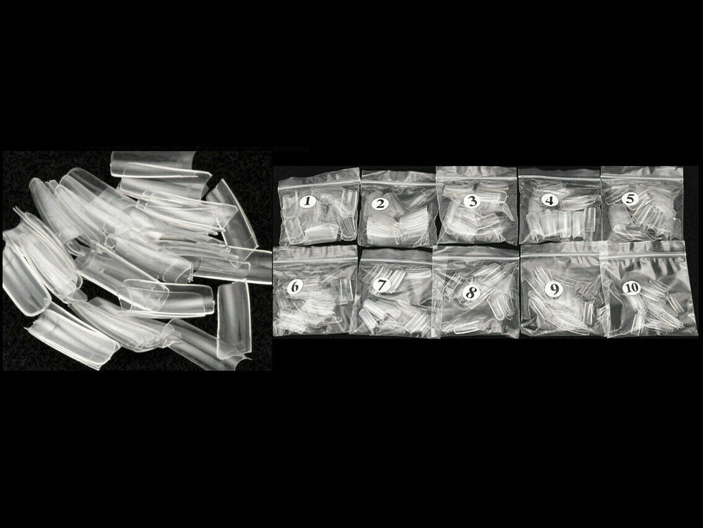 Long Square False Nail Tips - Coffin Shape, Transparent, French Style, 500 or 1000 Pcs