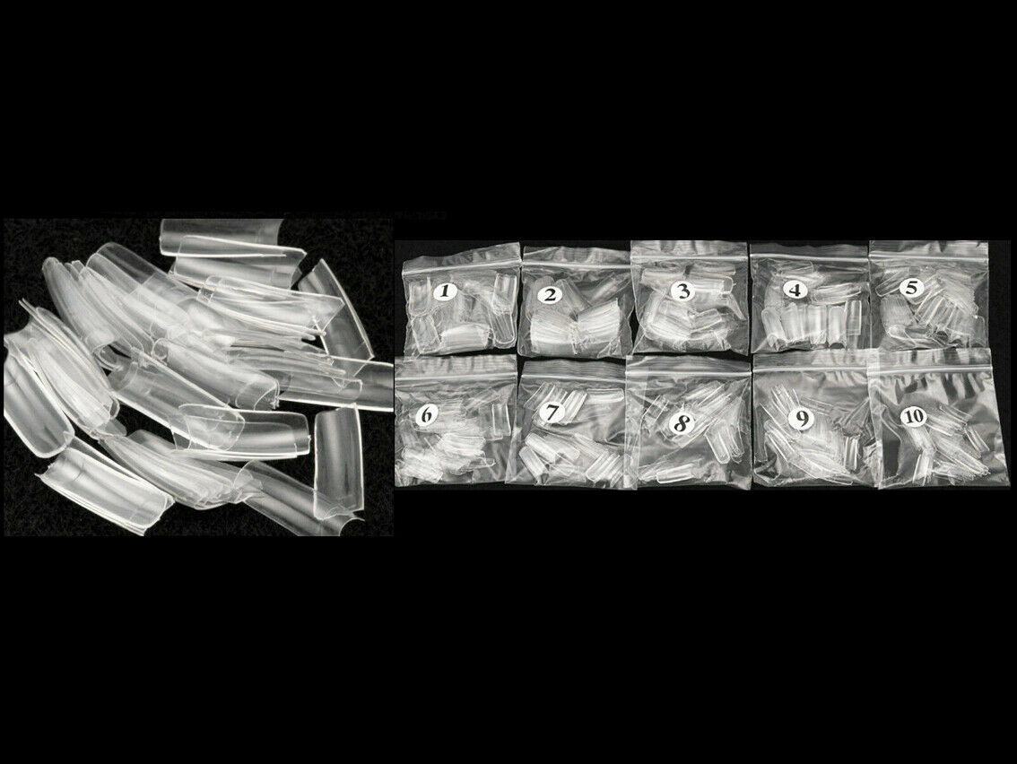 Long Square False Nail Tips - Coffin Shape, Transparent, French Style, 500 or 1000 Pcs
