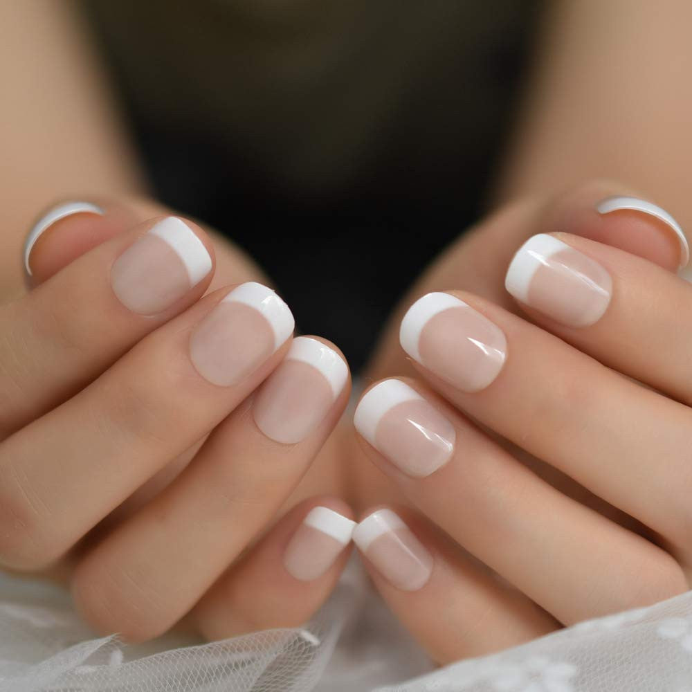 Short Squoval French Press On Nails - Natural Beige Nude White False Nails Set