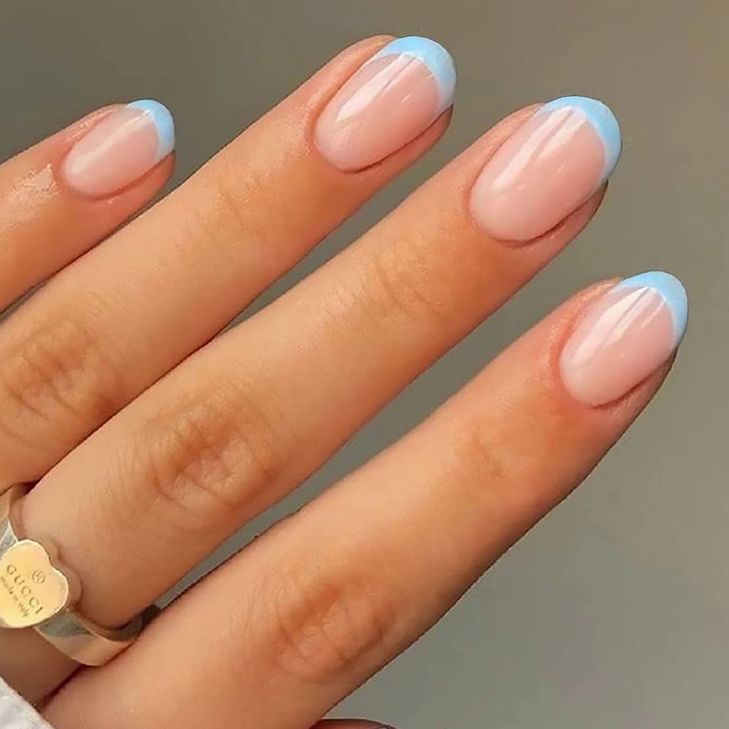 Short Blue French Tip Press-On Nails - Oval Fake Nail Set for Manicure