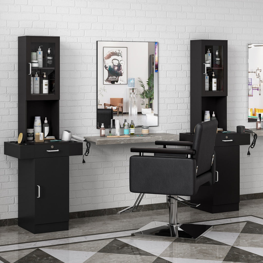 Salon Station Storage Cabinet with Glass Doors and Shelves for Beauty & Barber Shops