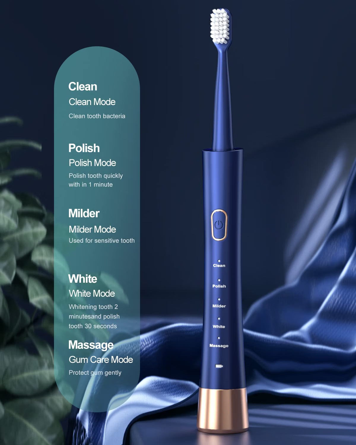 Electric Toothbrush IPX7 Waterproof Sonic 5 Modes & 8 Brush Heads