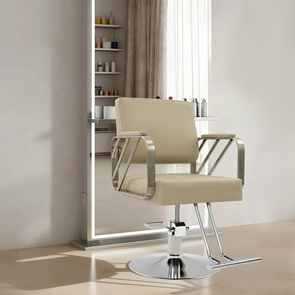 Stainless Steel Salon Chair with Beige Swivel Seat, Height Adjustable 82-92cm