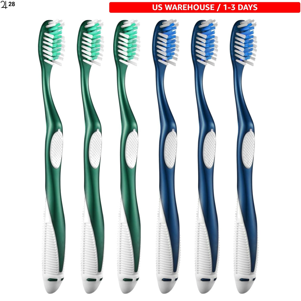 Adult Medium Toothbrush Set with Flexible Cross Bristles and Tongue Cleaner - 6 Pack