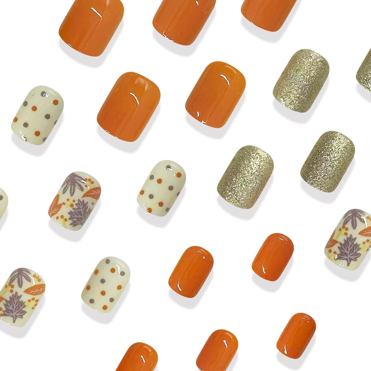 24Pcs Fall Short Square Press On Nails with Gold & Multicolor Glitter