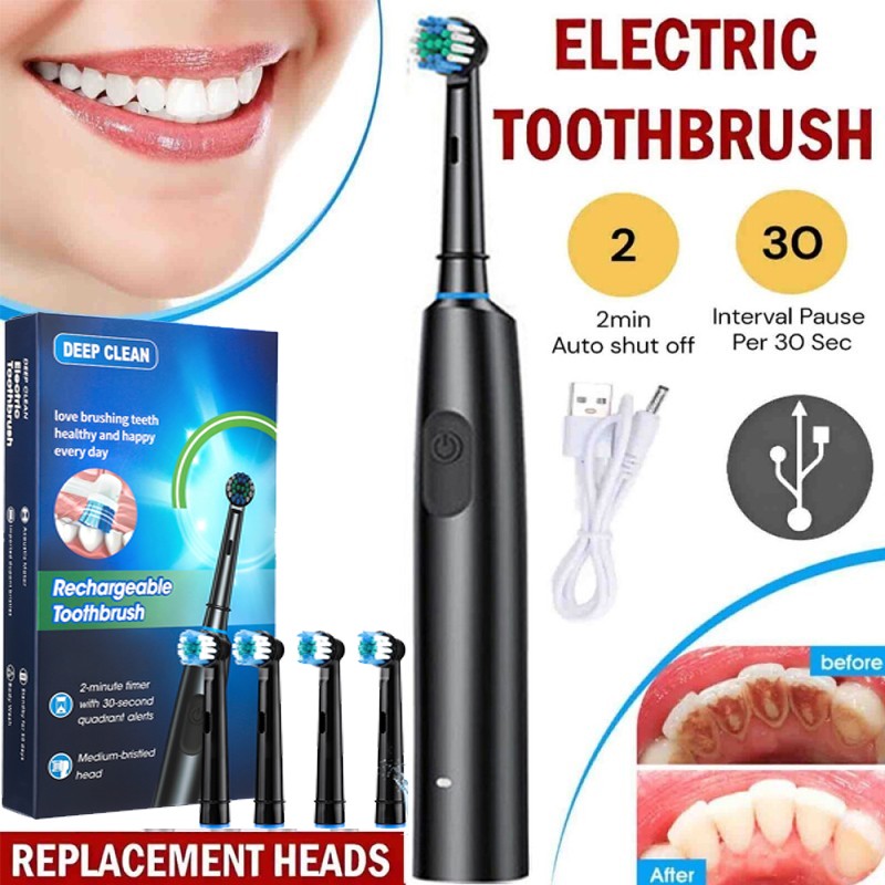 Rechargeable Electric Toothbrush with Rotating Brush Heads for Adults - Deep Clean, 5 Modes, Travel-Friendly