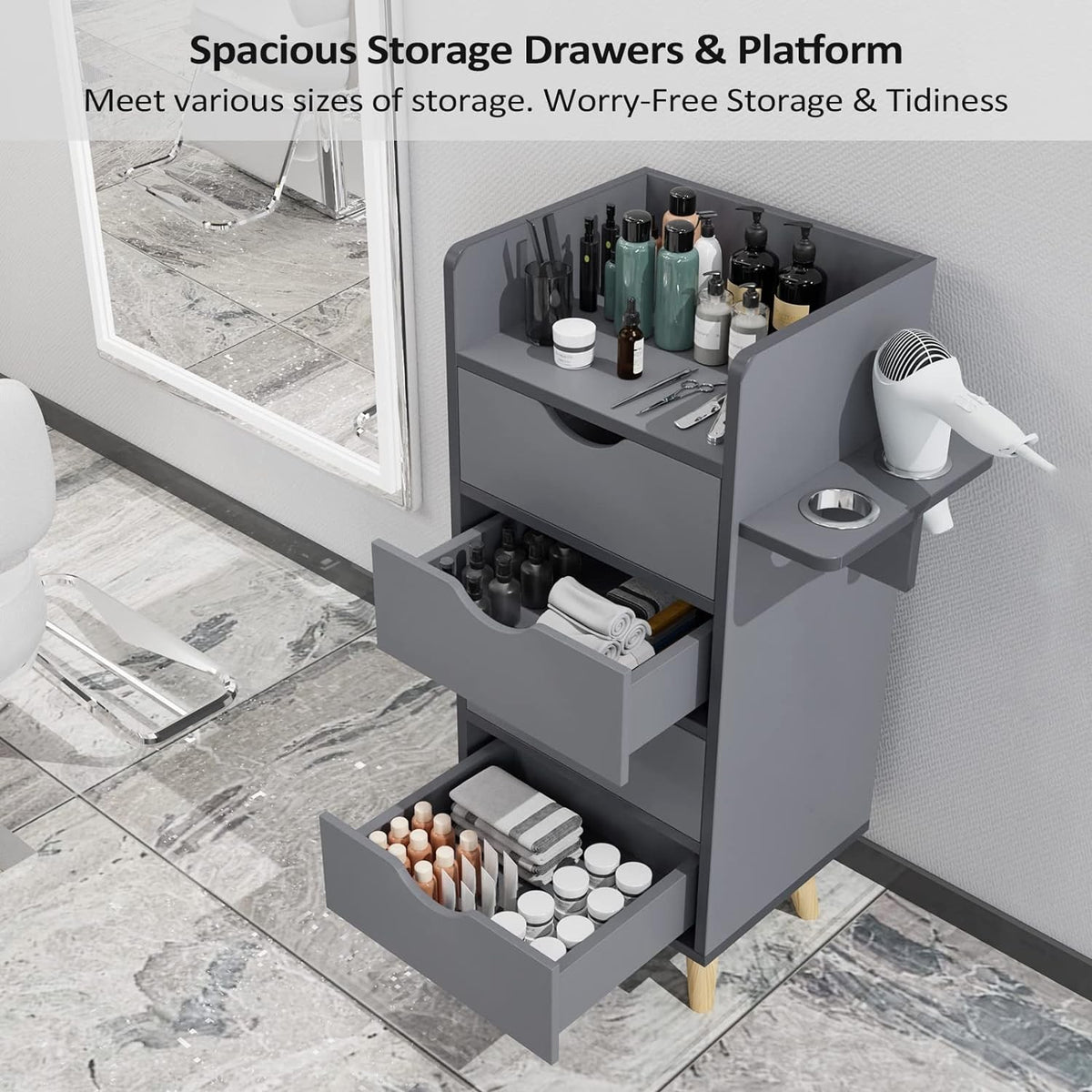 4-Layer Salon Storage Cabinet for Hair Stylist Stations Grey