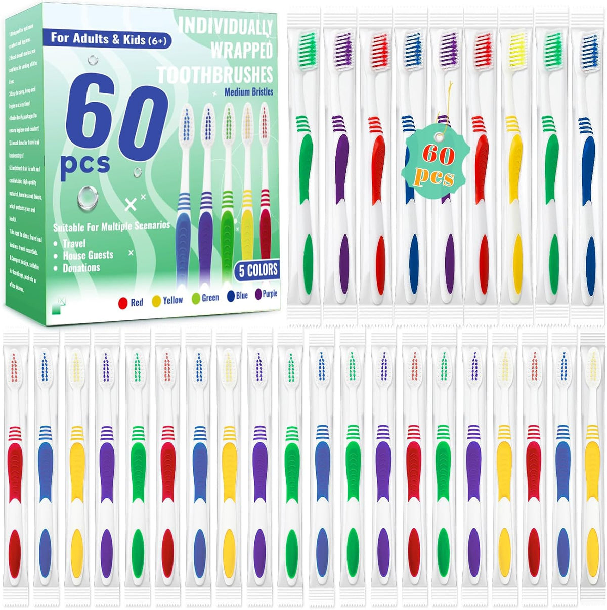 Disposable Travel Toothbrushes Bulk Pack - 60 Individually Wrapped Hygiene Brushes