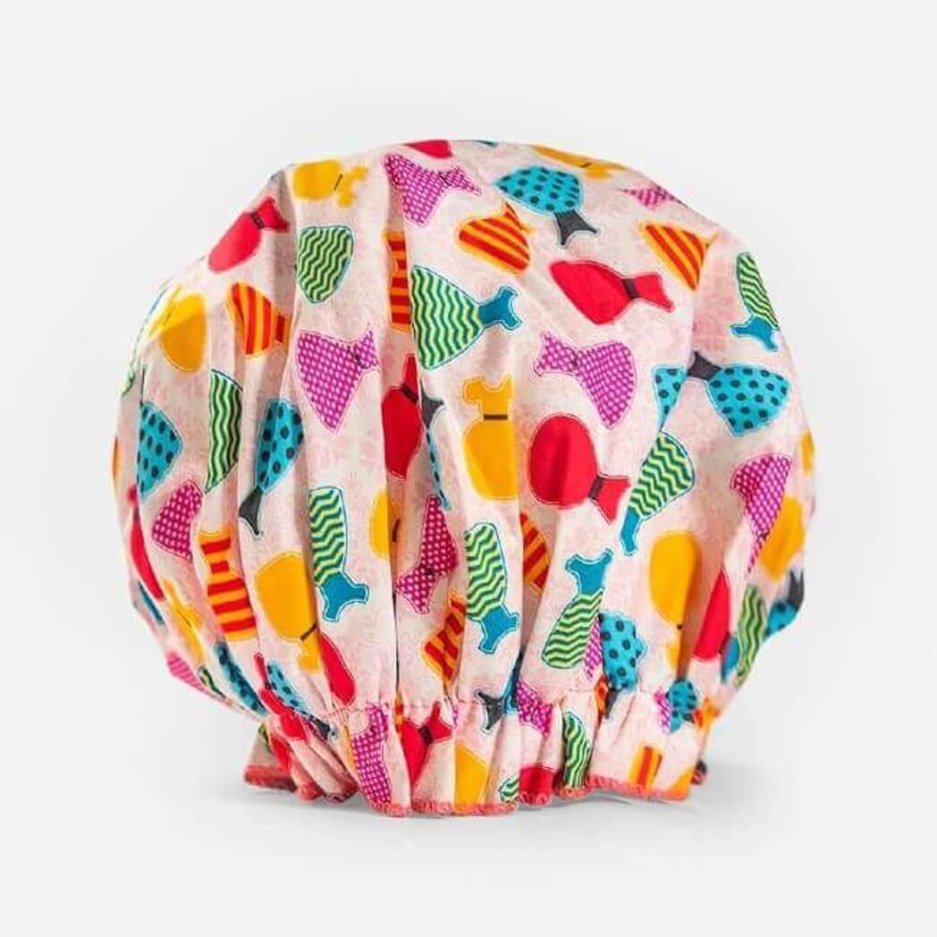 Bouffant Shower Cap with Colorful Dress Print - Waterproof Cotton Cover