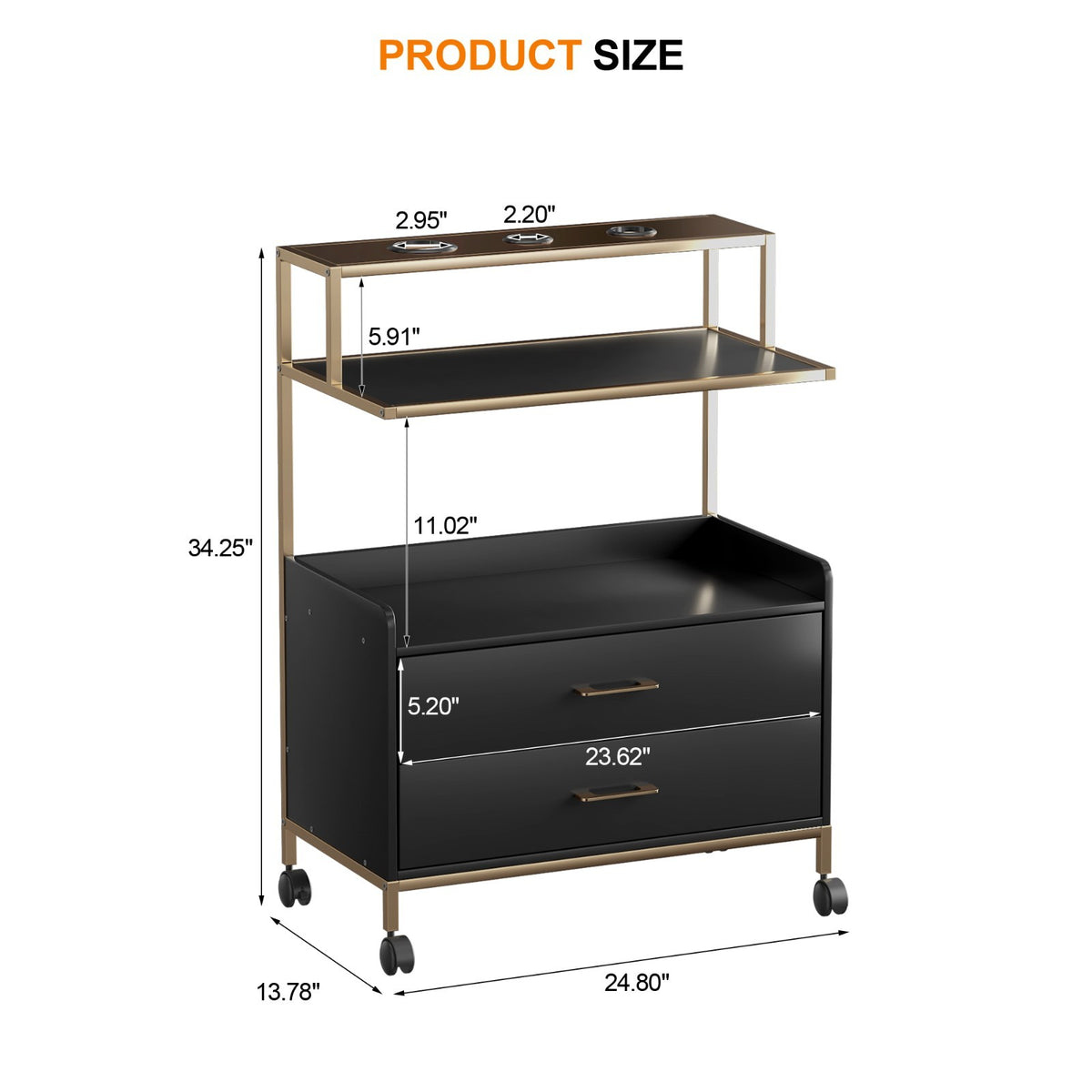 Salon Rolling Cart with Storage Drawers and Tool Holders - Black Metal Trolley