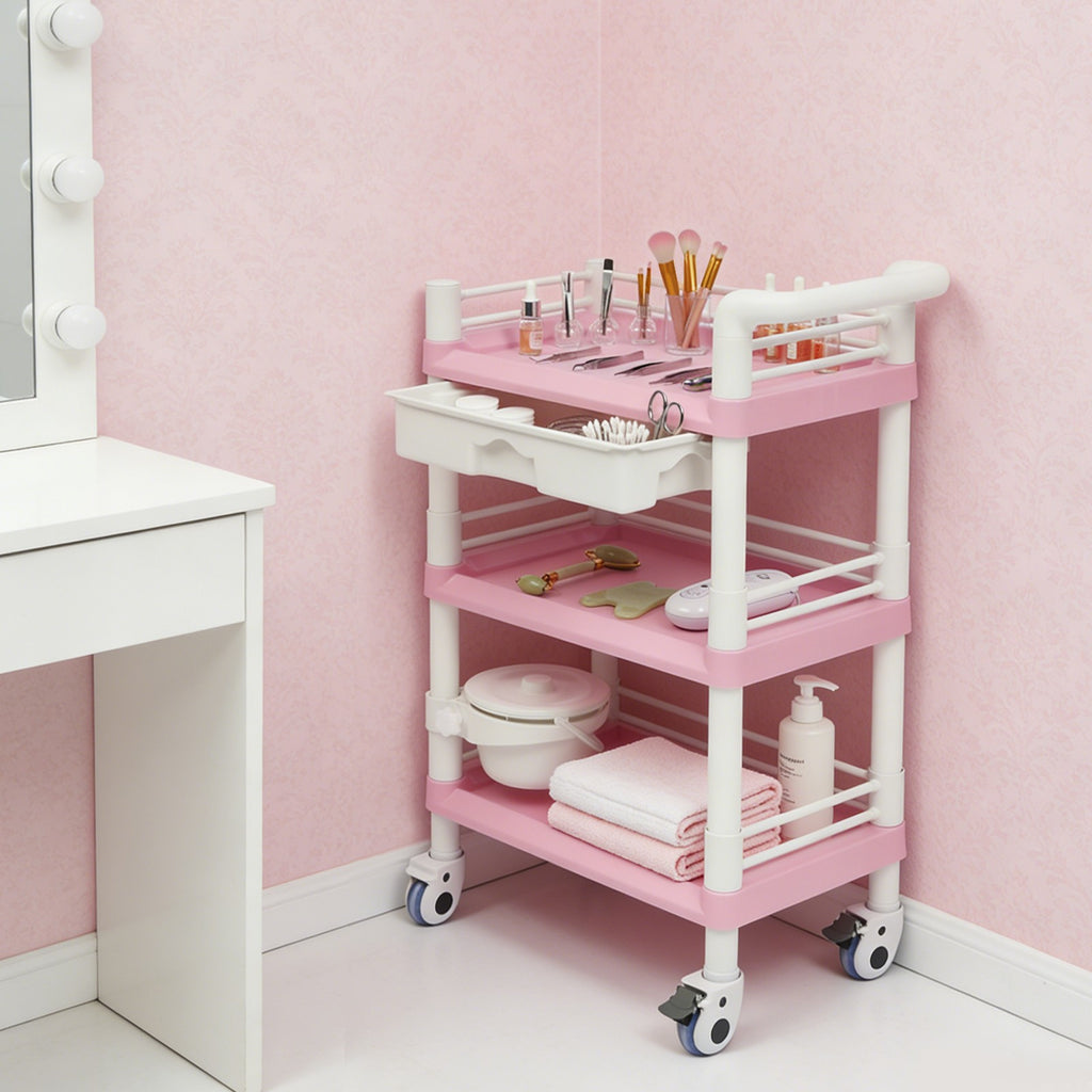 Salon Trolley Cart with 3 Tiers, Drawer & Waste Bin - Rolling Spa Organizer