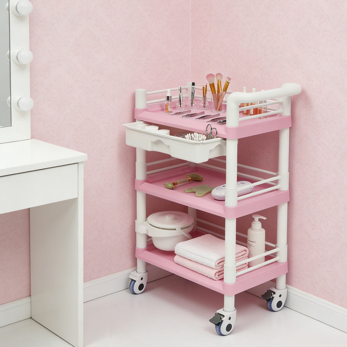 Salon Trolley Cart with 3 Tiers, Drawer & Waste Bin - Rolling Spa Organizer