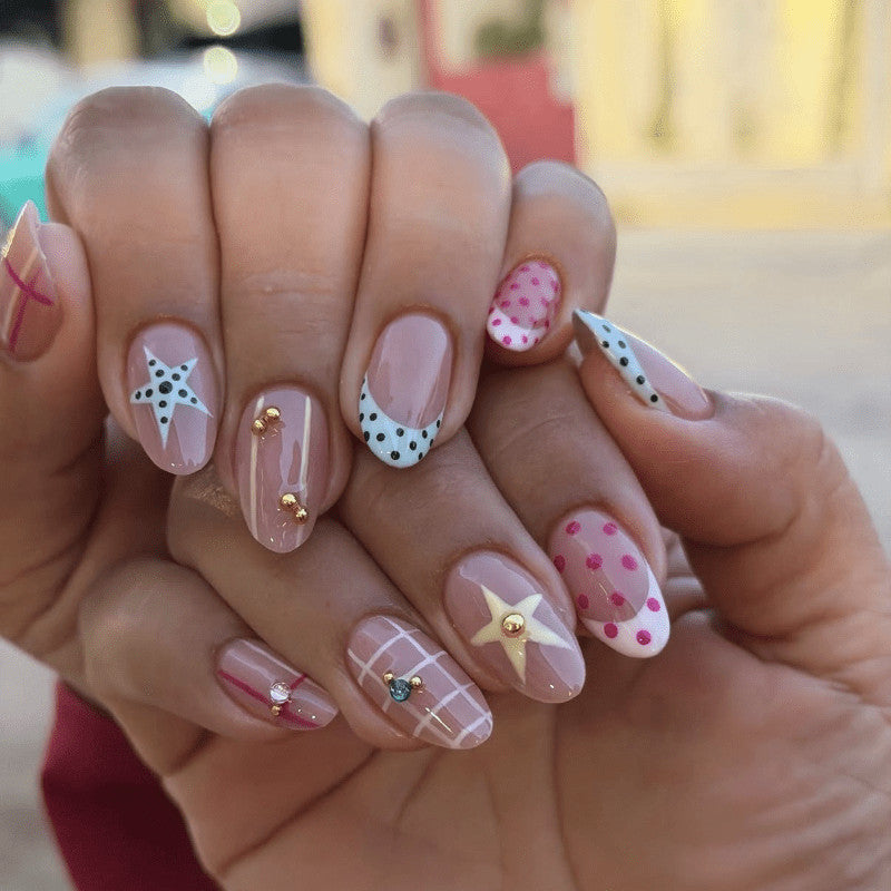Press On Nails Set for Nail Art - 60 Pink White Grid Rhinestones Glossy Almond Shape