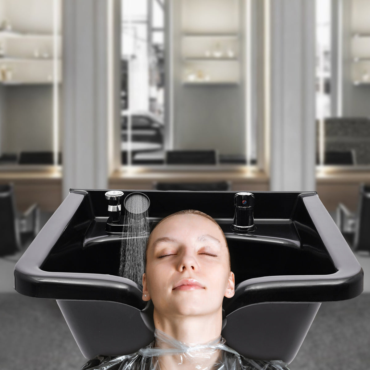 Salon Shampoo Bowl Hair Wash Sink with Hot Cold Water & Neck Rest - Black
