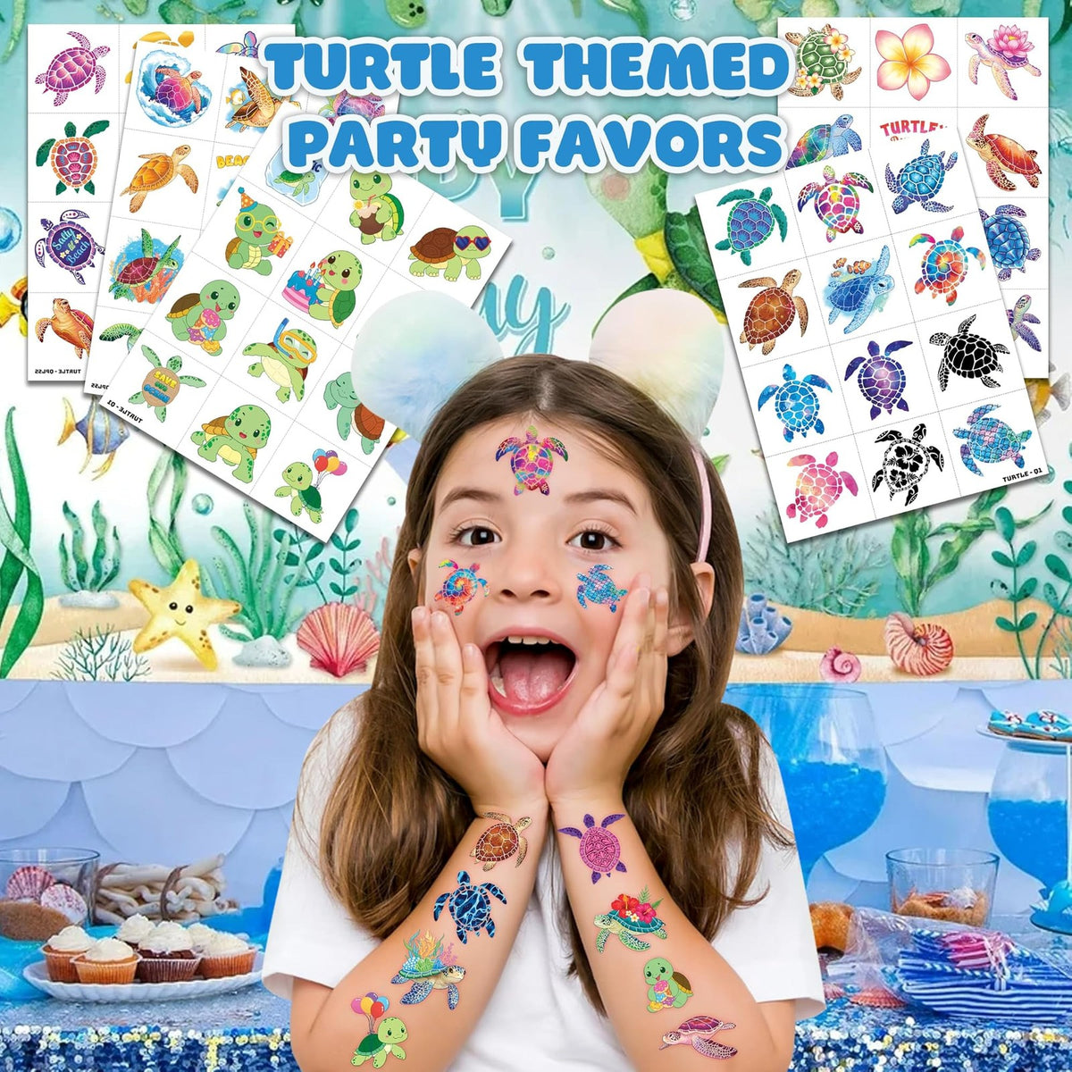 60-Count Turtle Temporary Tattoos for Kids - Pre-Cut Ocean Animal Sticker Set