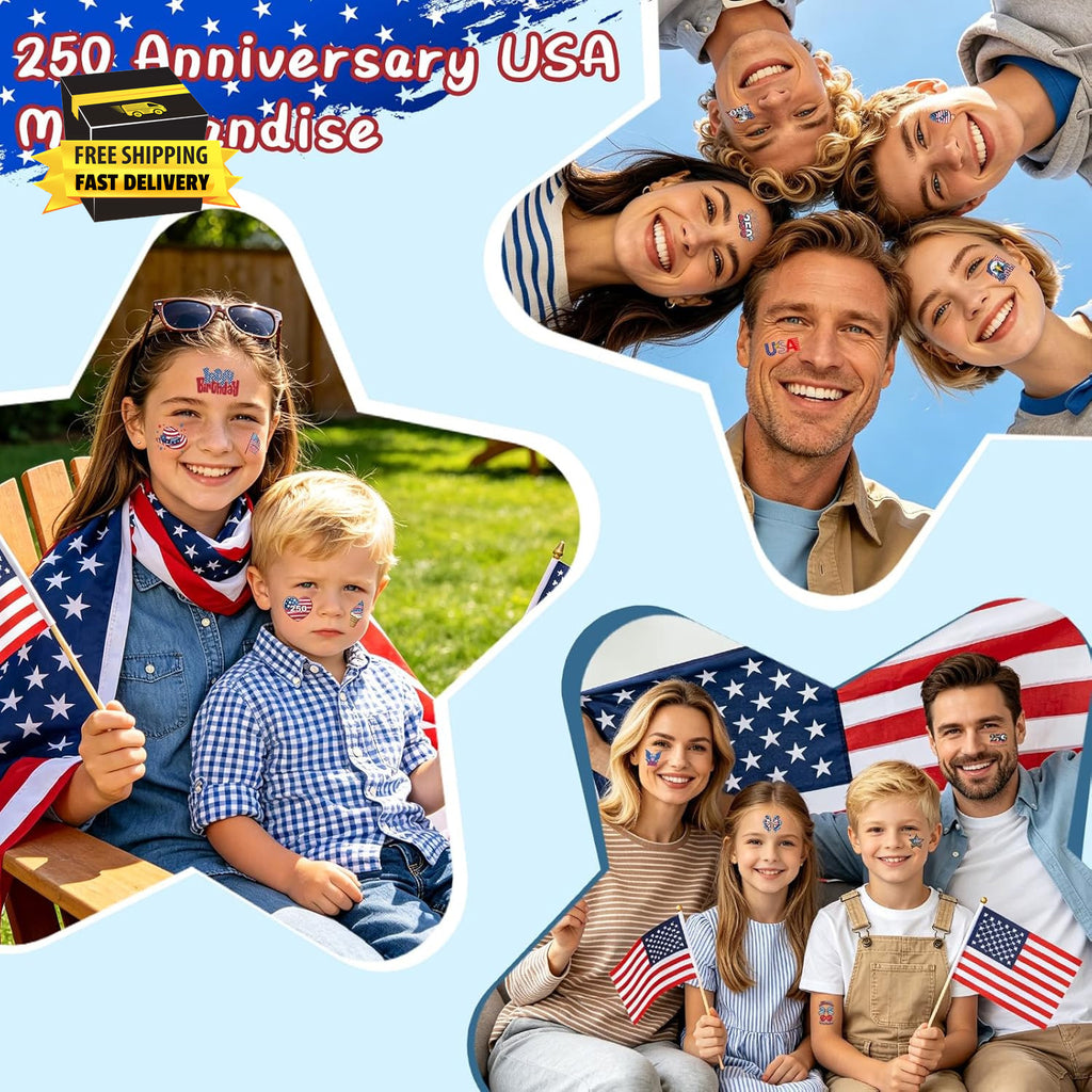4th of July 80‑Piece Temporary Tattoos 250th Anniversary USA, Waterproof Kids Party Pack