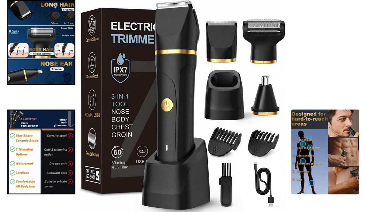 Men's 3-in-1 Waterproof Beard Trimmer & Body Groomer - USB Rechargeable