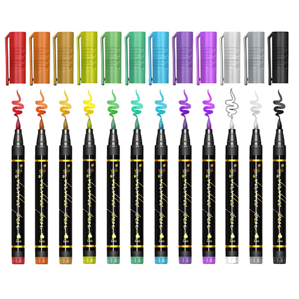 Temporary Tattoo Markers for Skin – Flexible Brush Tip, 12 Metal Body Markers, 169 Stencil Sheets