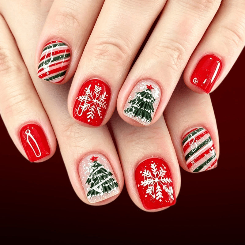 48Pcs Short Square Red Christmas Nail Press-On Nails Holiday Manicure Set
