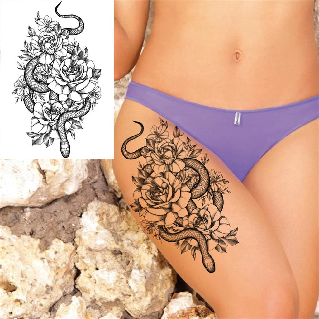 Black Moon Pendant Fake Tattoo Jewelry Set - Waterproof Floral Jewelry