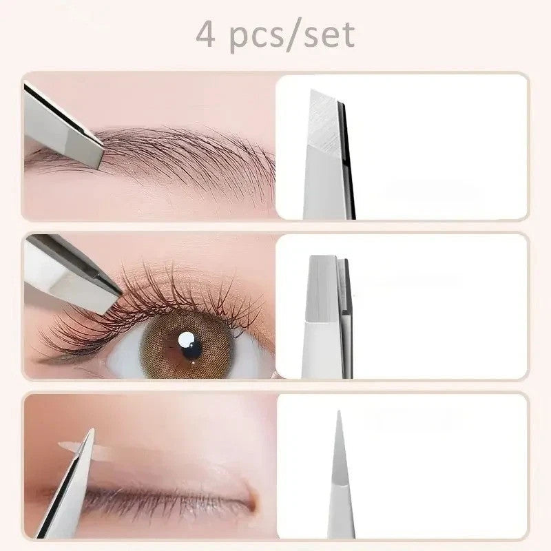 Professional Stainless Steel Eyebrow Tweezers Set for Facial Hair Removal - 4 Pack