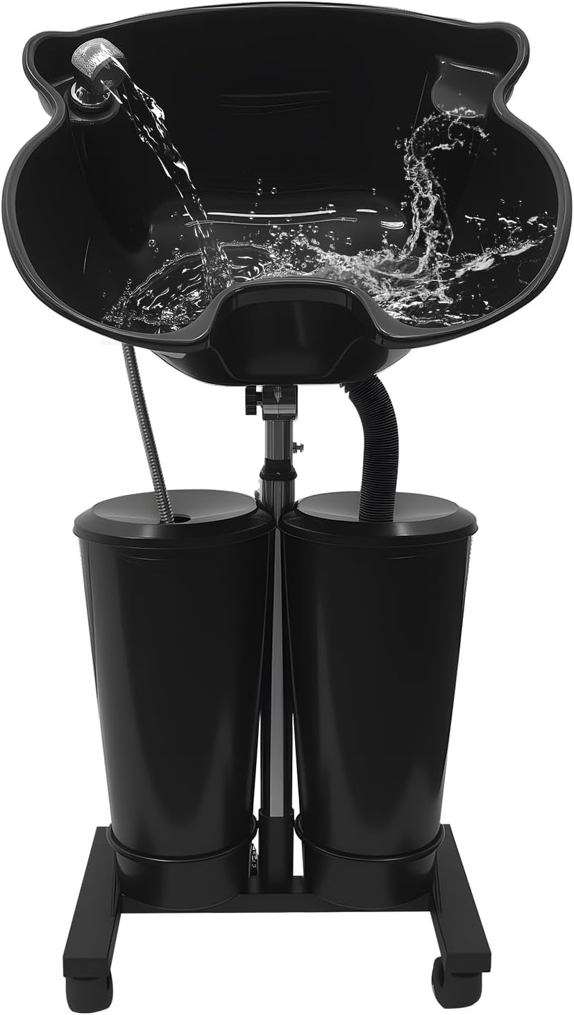Portable Shampoo Bowl with Drain Hoses & Rolling Wheels for Salon & Home Use