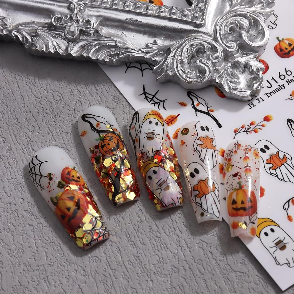 Halloween Nail Art Stickers Decals 3D Pumpkin Ghost 6 Sheets for Spooky Nail Designs