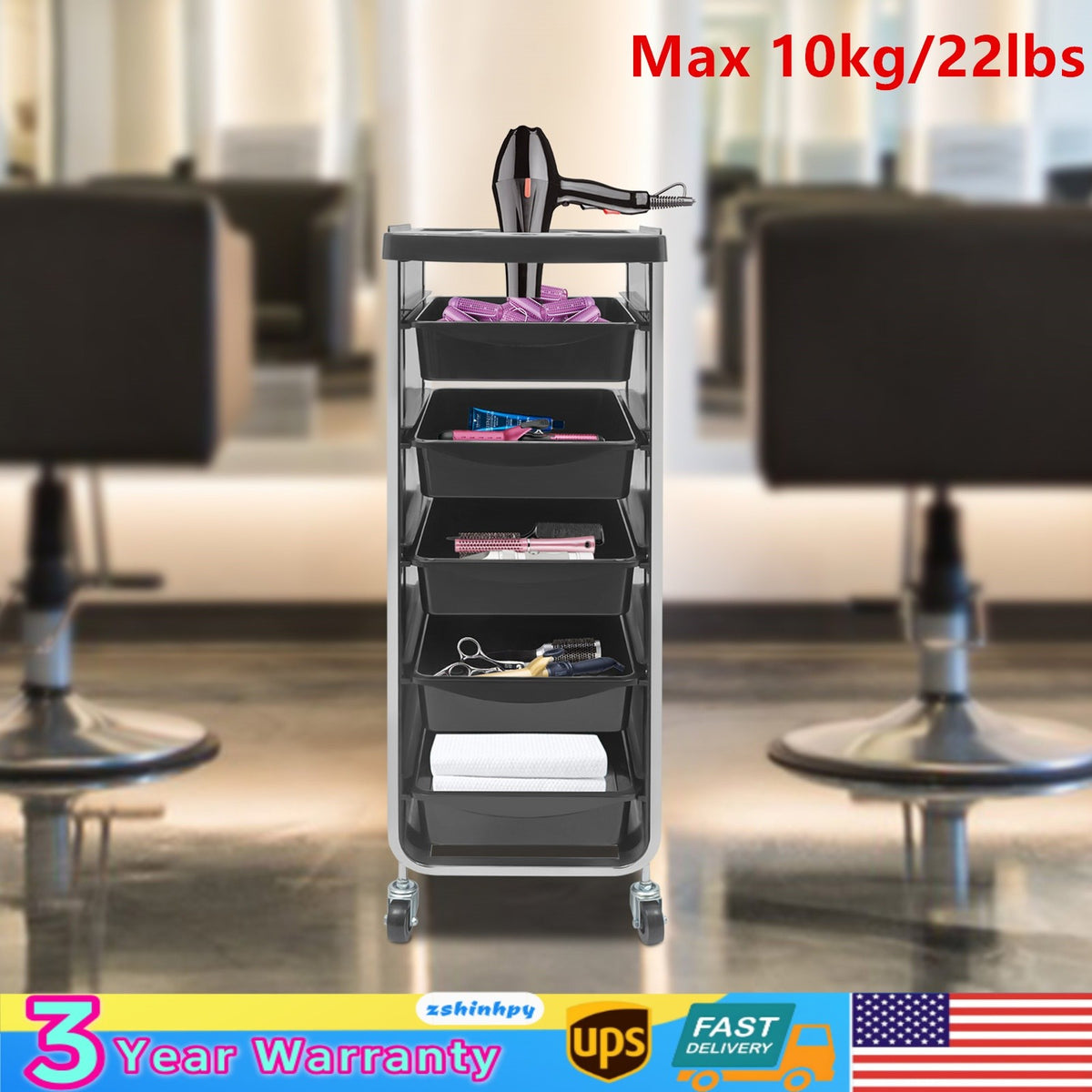 Salon Trolley Cart with 5 Drawers and Wheels for Beauty and Barber Shops
