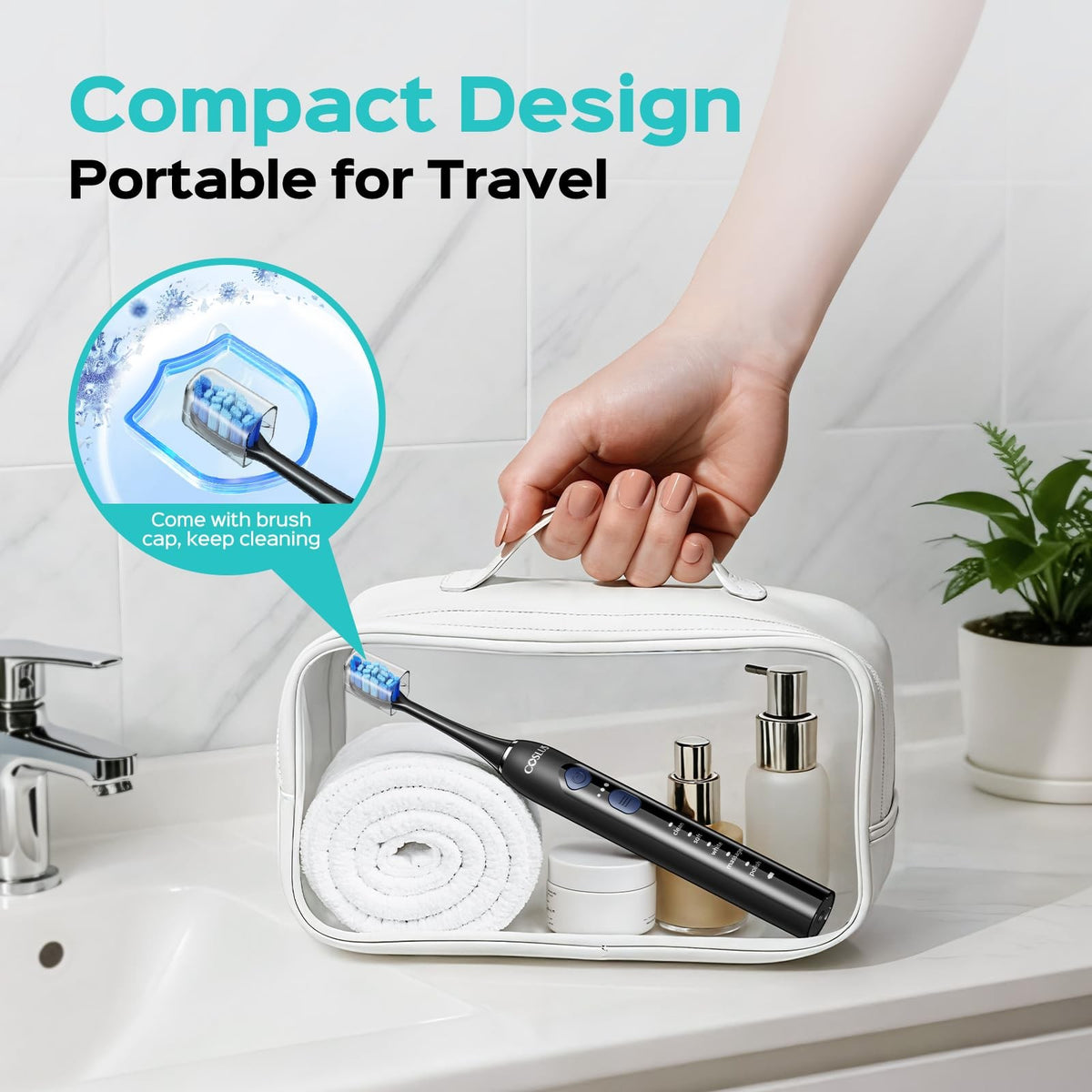Electric Toothbrush for Adults with 3 Intensities & 5 Modes, Rechargeable, Compact Travel Design