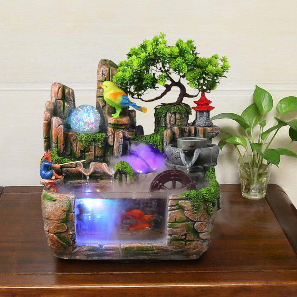 Feng Shui Desktop Rockery Waterfall Fountain with LED Atomizing Effect for Office Decor