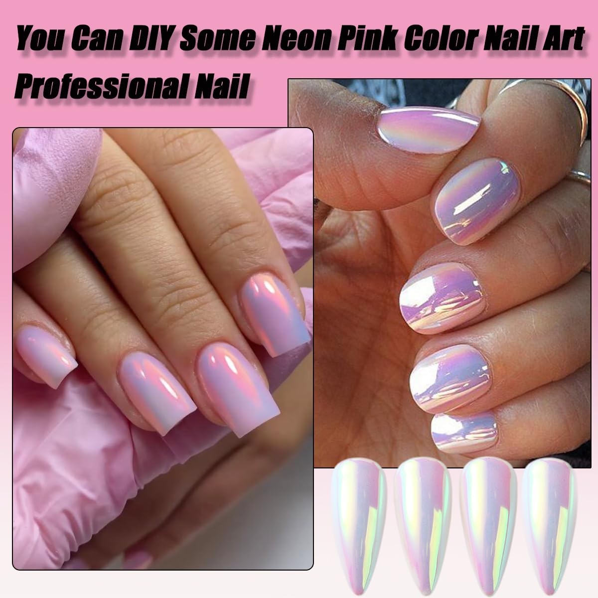 Holographic Unicorn Chrome Nail Powder - Aurora Rainbow Neon Pink for Nail Art