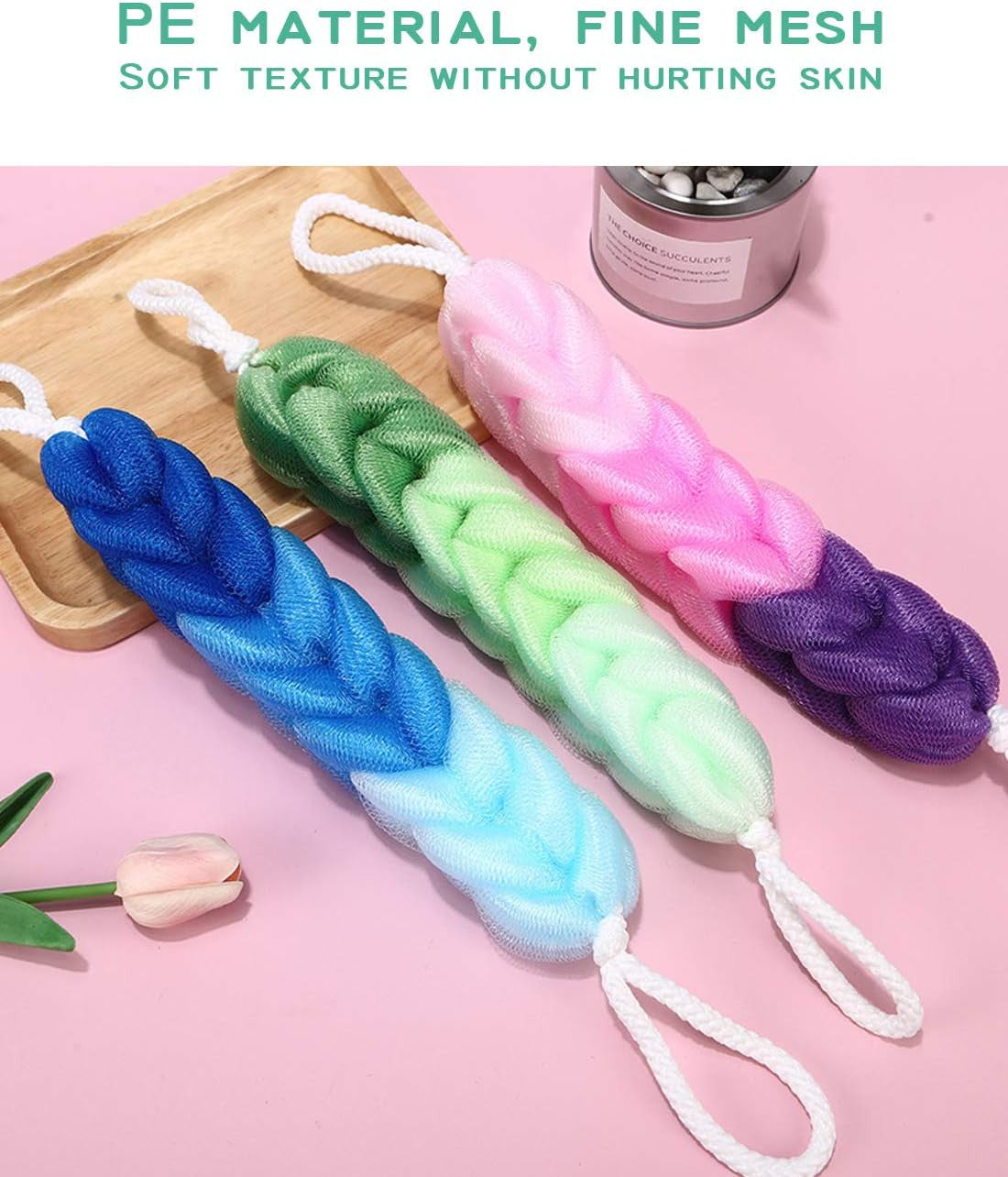 4 Pack Long Stretch Back Sponge with Rope Handles - Body Bath Scrubber