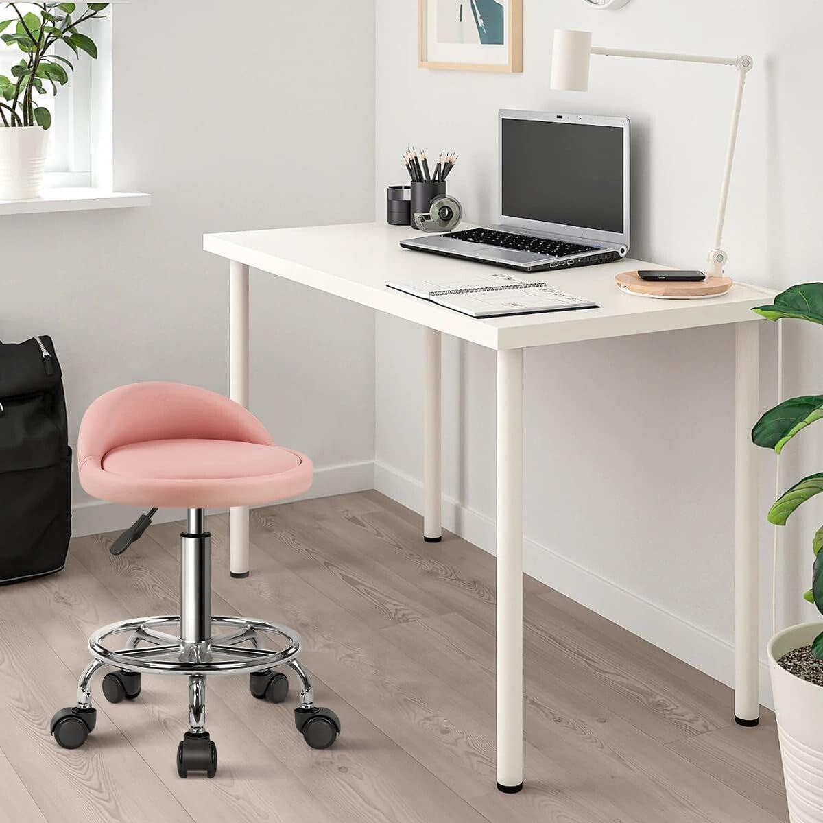 Adjustable Leather-Like Swivel Stool with Casters and Footrest