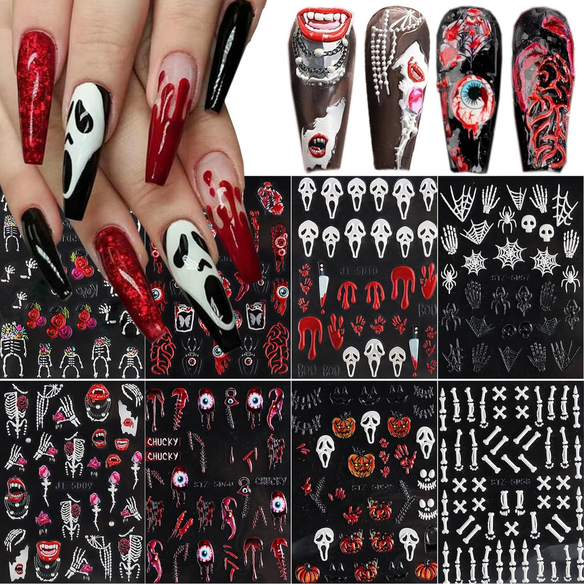 Halloween Nail Stickers 8 Sheets 5D Embossed Skull & Gothic Designs