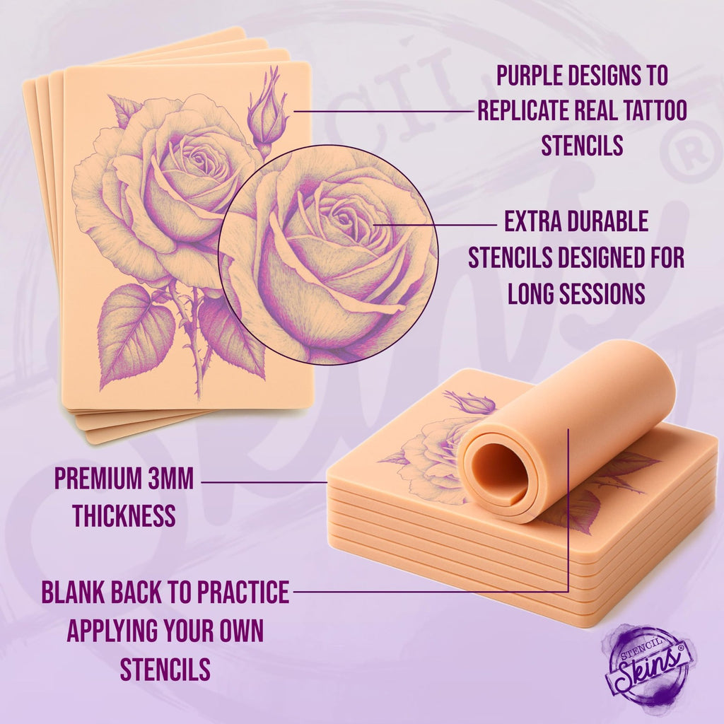 Tattoo Practice Skins 5 Pack - Pre-Printed 3mm Silicone Skin for Tattooing with Free Tutorial