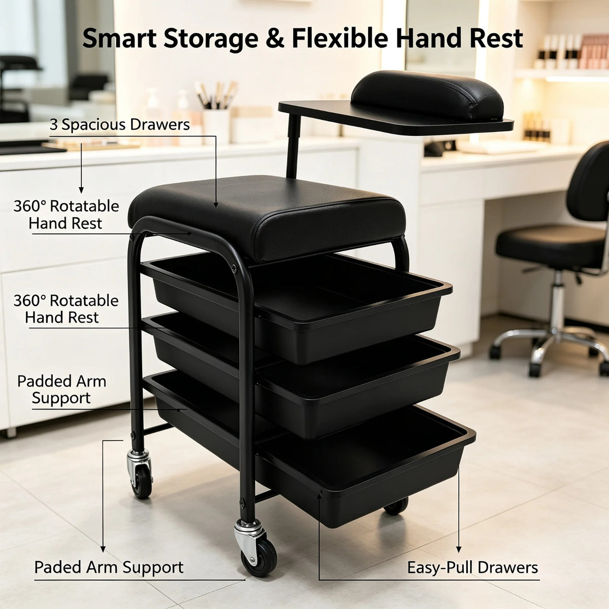 Salon Storage Trolley Cart with 3 Drawers & 360° Rotating Hand Rest - Professional Nail & Beauty Station