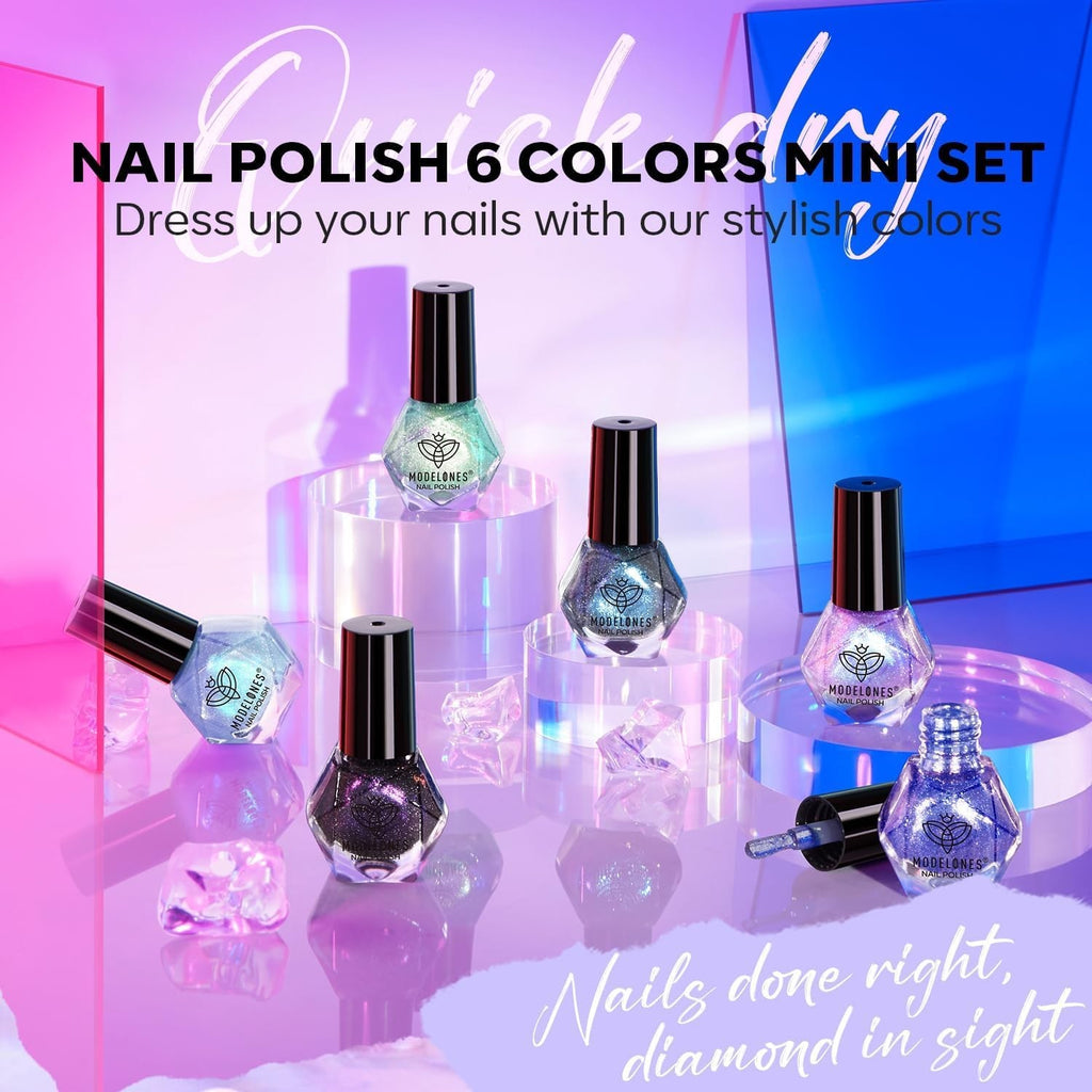 Quick Dry Holographic Nail Polish Set - 6 Vibrant Aurora Colors
