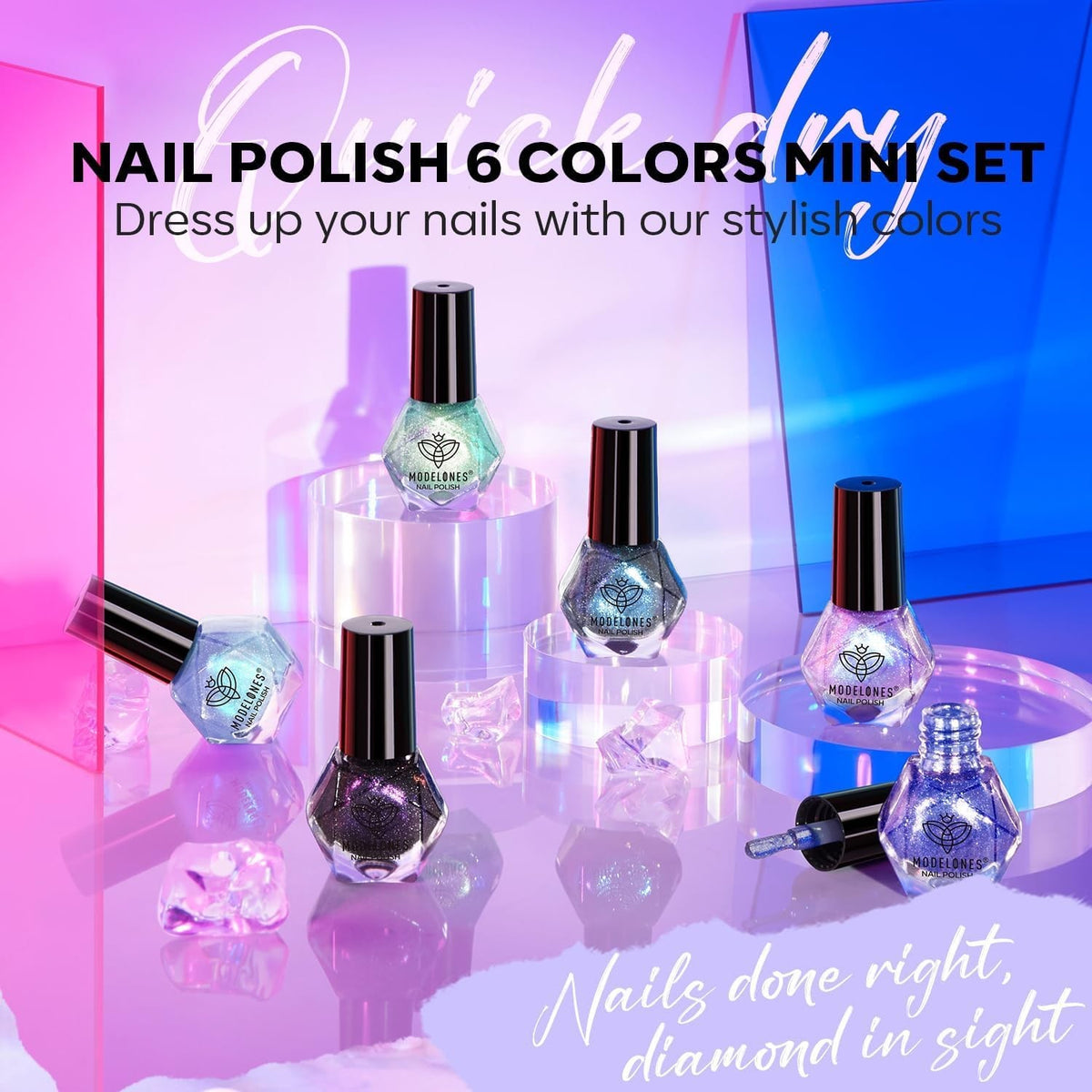 Quick Dry Holographic Nail Polish Set - 6 Vibrant Aurora Colors