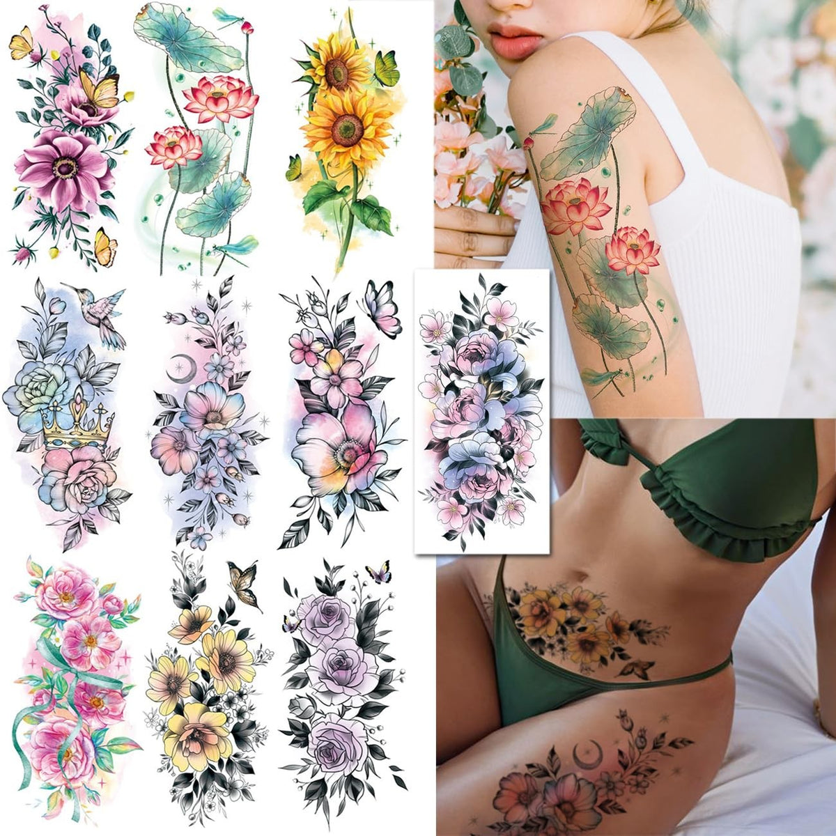 Watercolor Flower Temporary Tattoos Set - 10 Large Sheets for Women & Teens